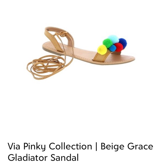 VIA PINKY Sz 7 Grace pom pom gladiator tie up flat sandal - Picture 2 of 5